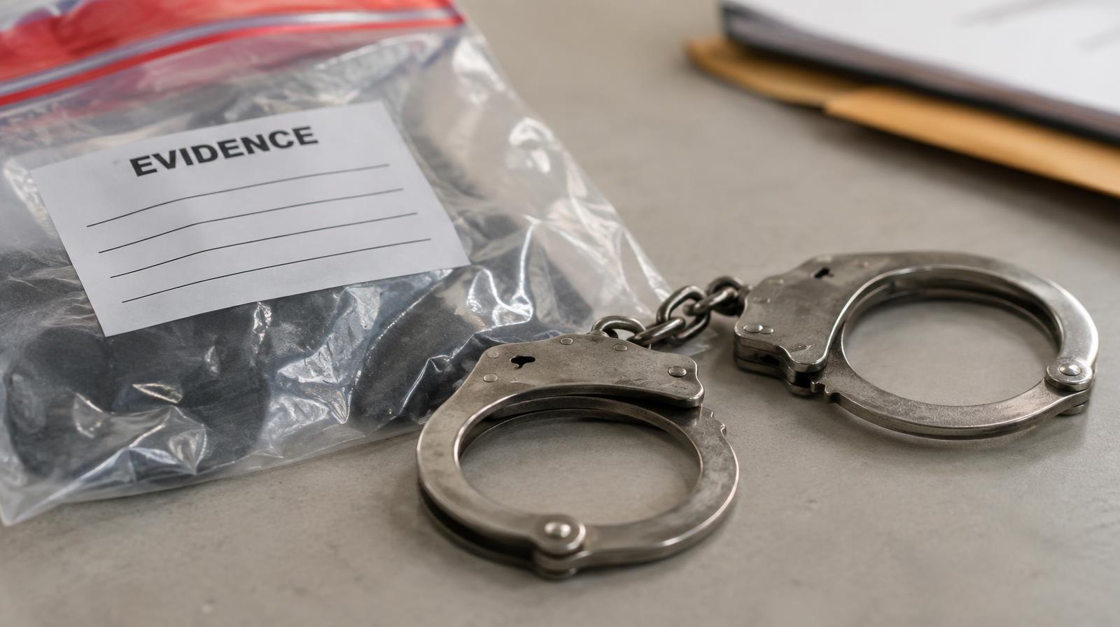 Metal handcuffs and a clear evidence bag on a plain surface.