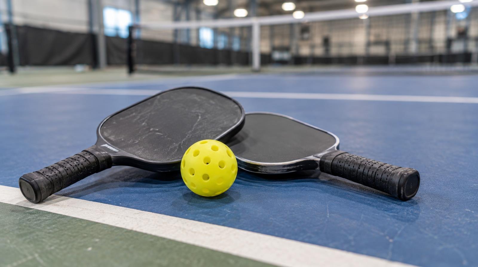 Two pickleball paddles and a yellow ball on a painted court surface.