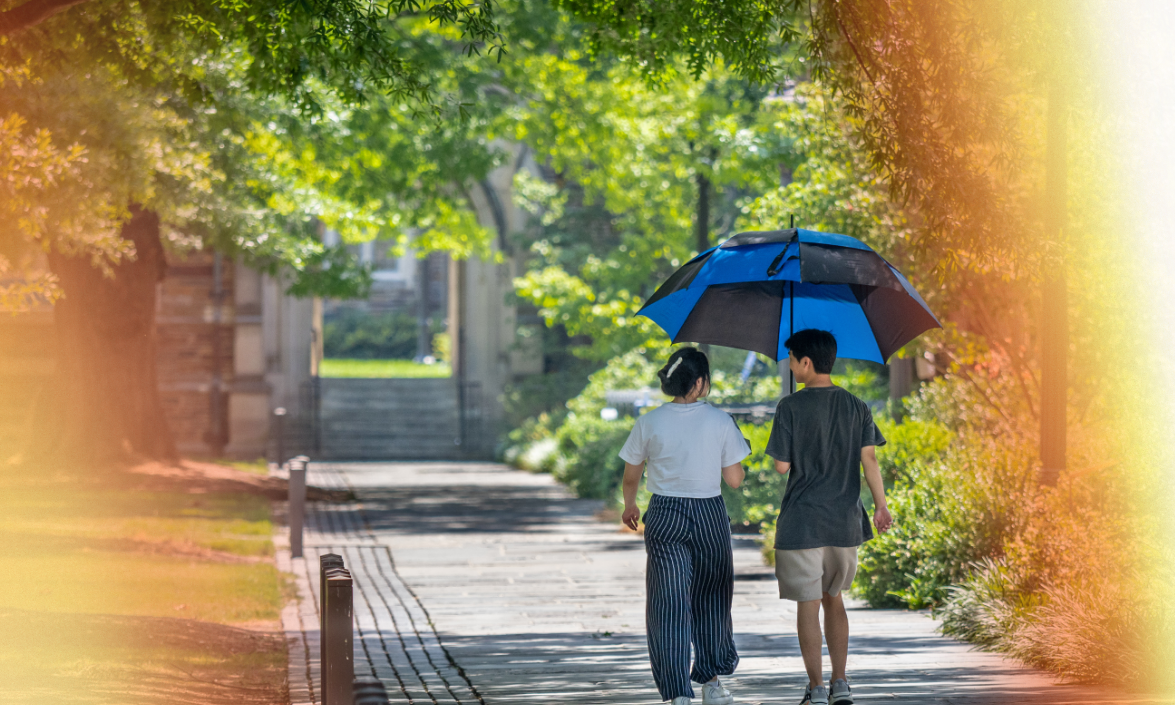 Two people walking on a sunlit paved path, one holding an umbrella for shade on a bright day.