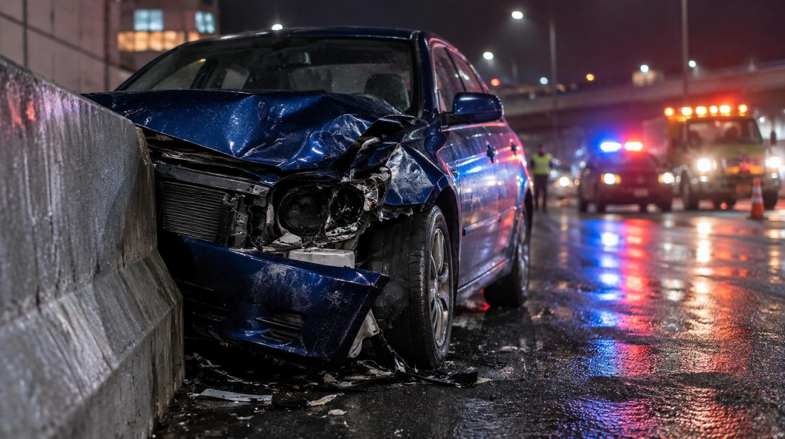 Crumpled blue sedan pressed against a concrete road barrier at night.