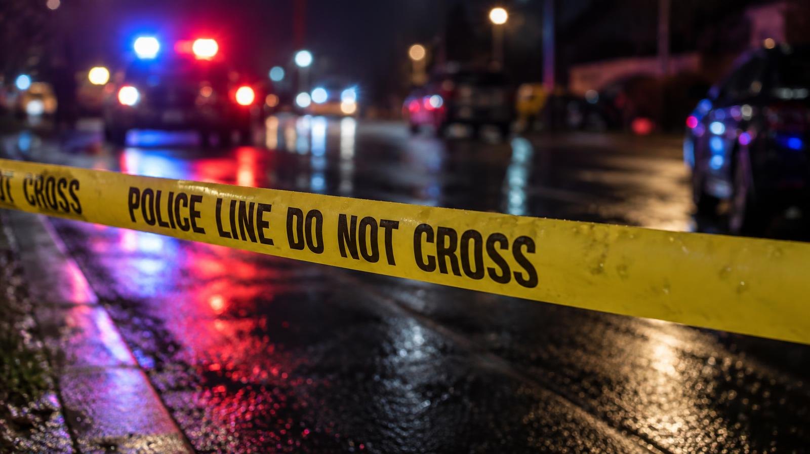 Yellow crime scene tape across a dark road with red and blue emergency lights at night.
