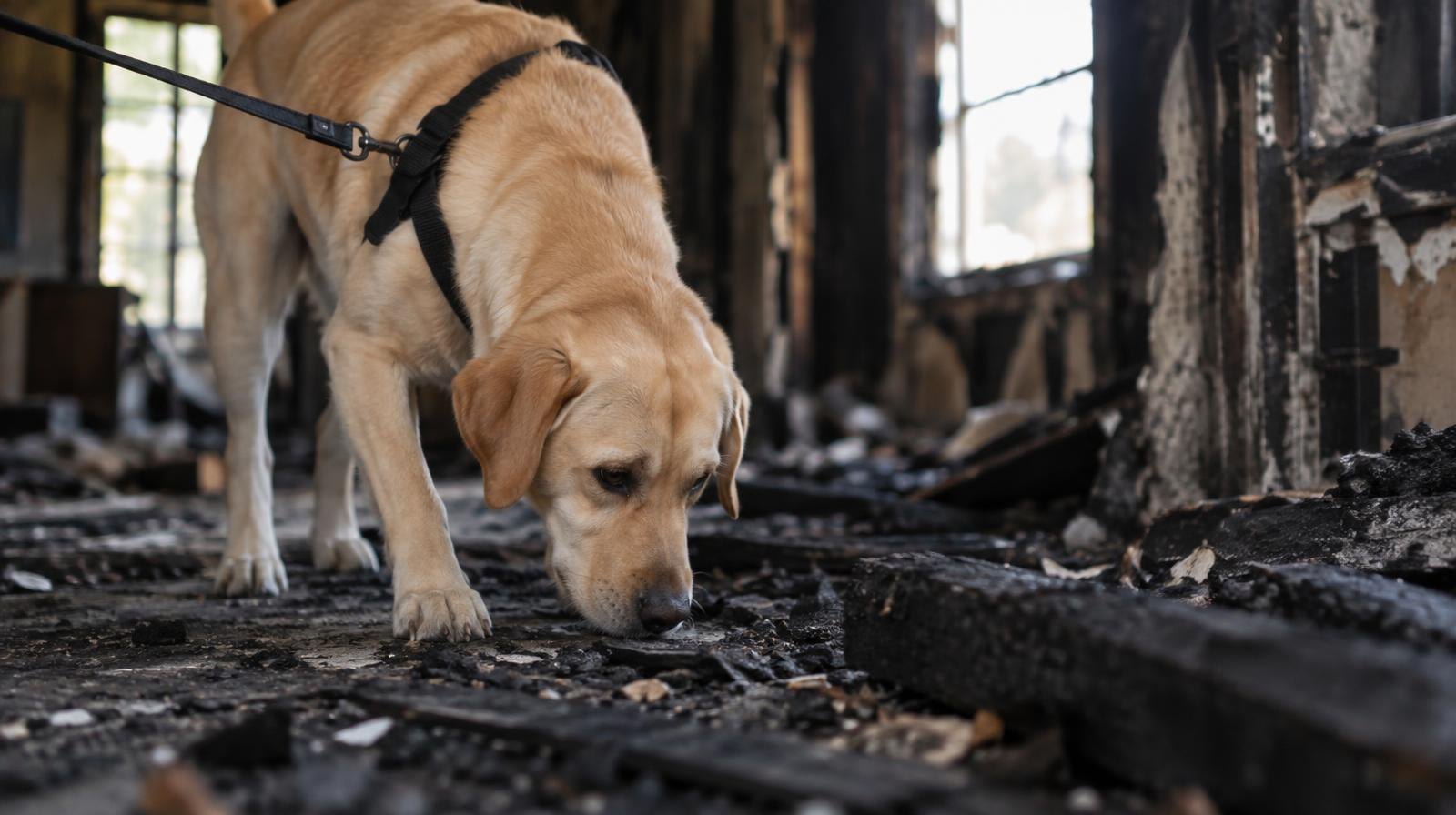 A yellow Labrador sniffs a burned floor surface inside a fire-damaged building.