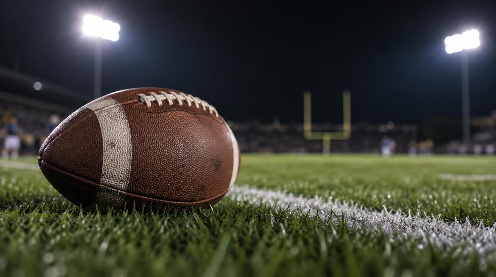 An American football lying on a grass field near a white yard line at night.