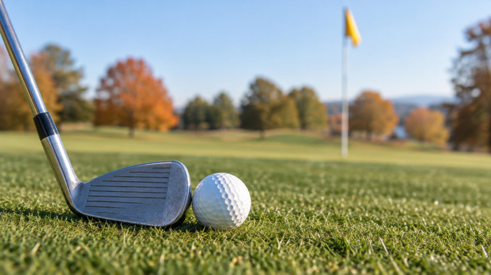 A golf iron rests beside a white ball on a closely mown fairway with a distant flagstick.