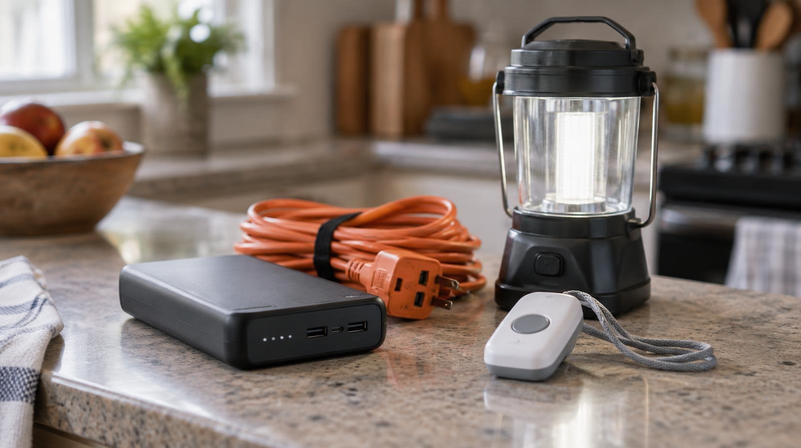 A power bank, lantern, and medical alert device on a kitchen counter.