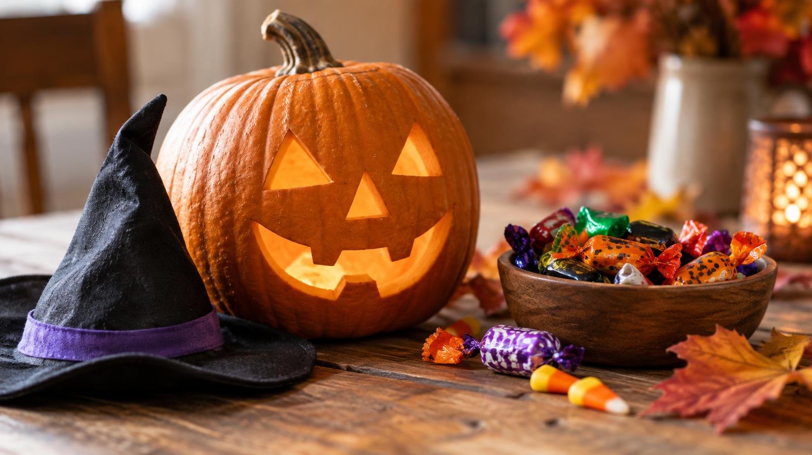 Carved jack-o'-lantern, colorful candy, and a small witch hat on a wooden surface.