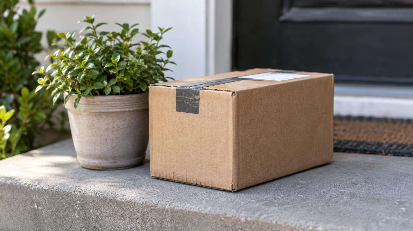 A brown cardboard delivery box resting on a doorstep beside a small potted plant.