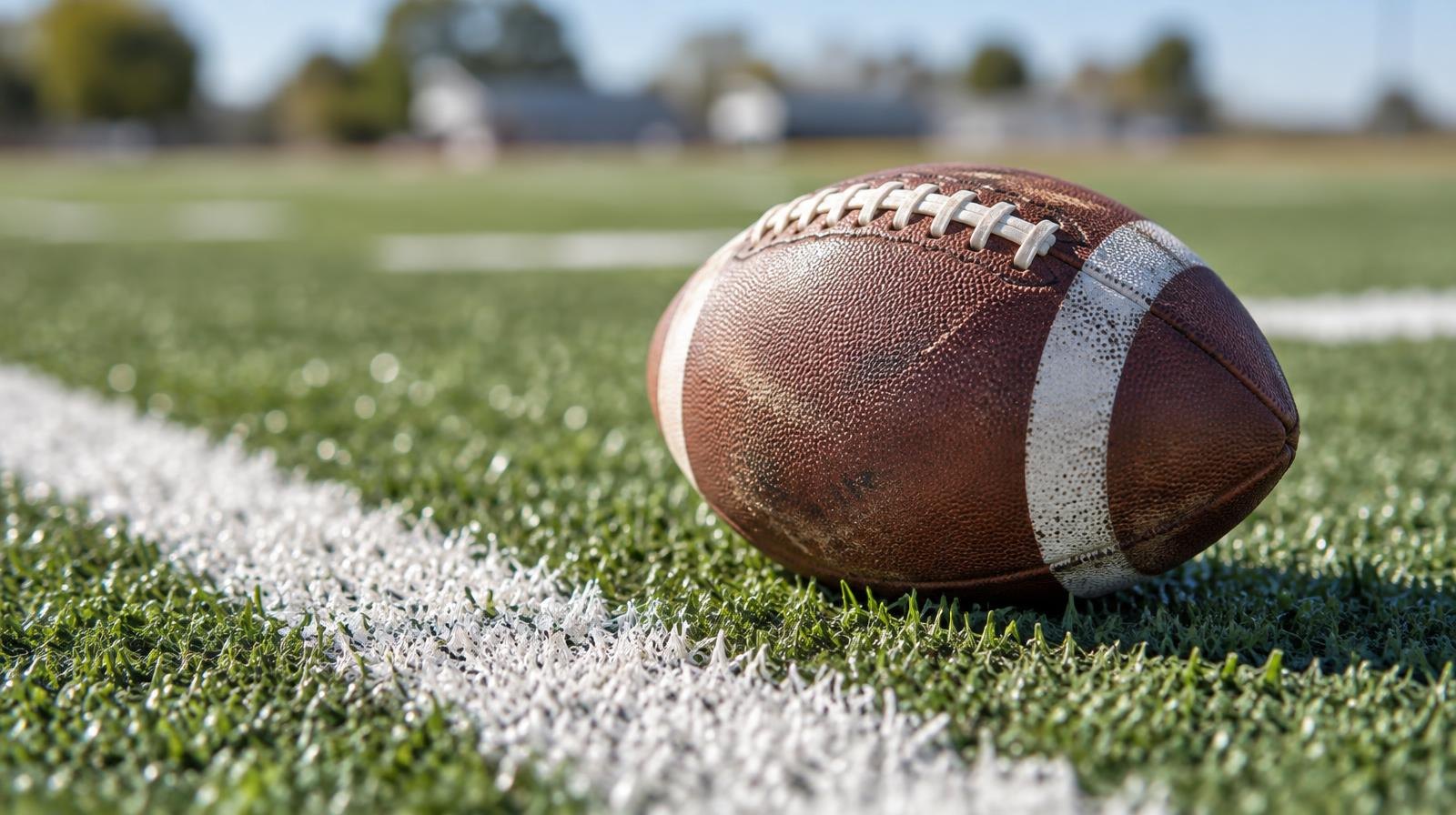 An American football sitting on green artificial turf beside a white yard line.