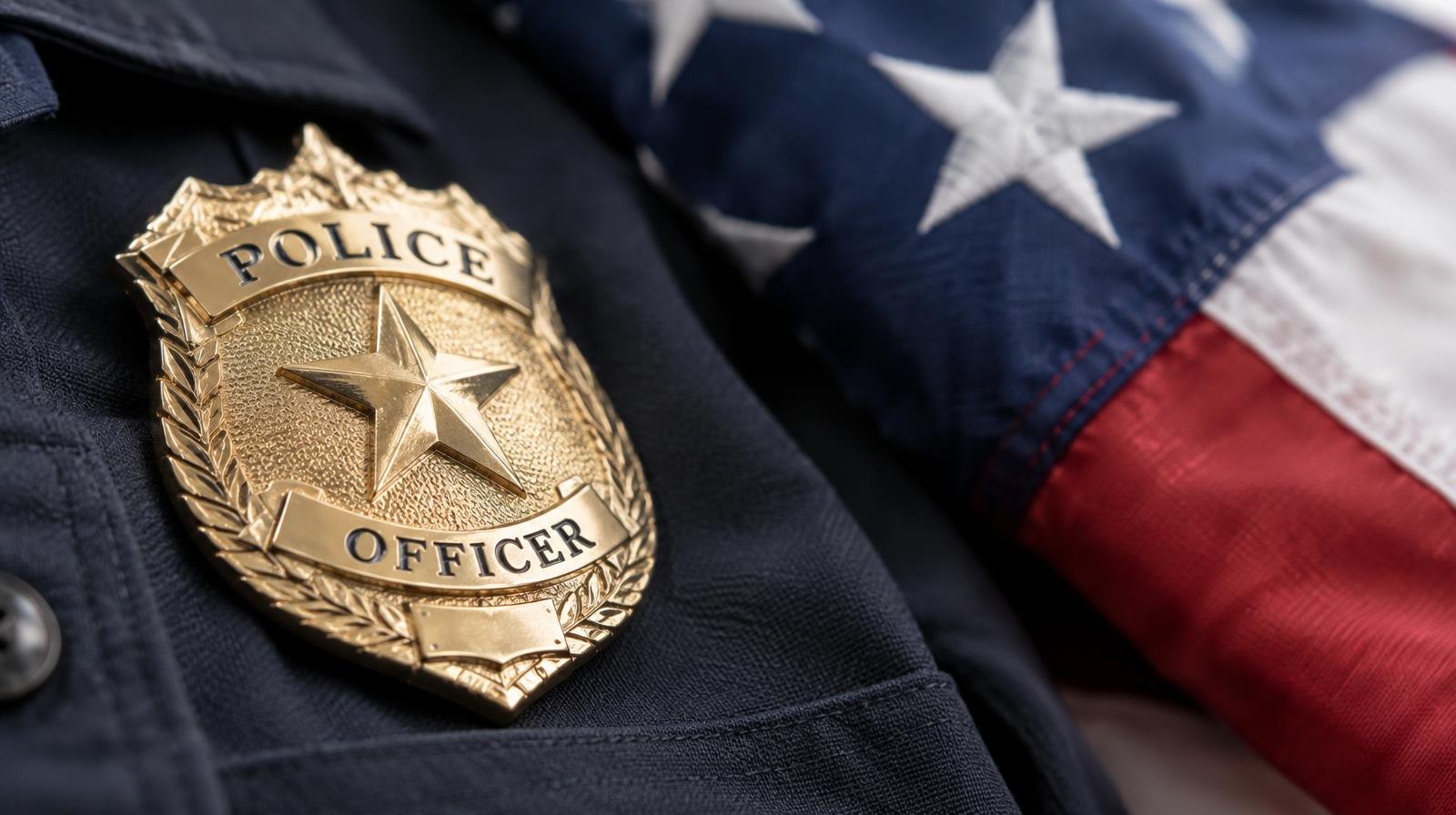 Gold law enforcement badge on dark fabric beside a folded American flag.