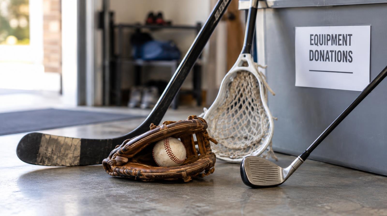 Assorted used sports equipment including a baseball glove, hockey stick, lacrosse stick, and golf club on a concrete floor.