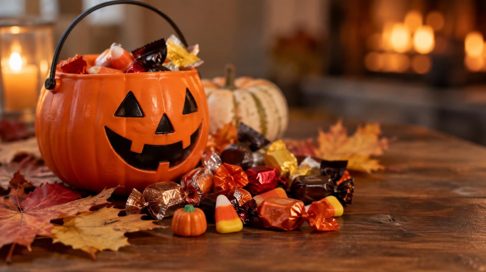 Halloween candy and a small orange jack-o-lantern bucket on a wooden surface.