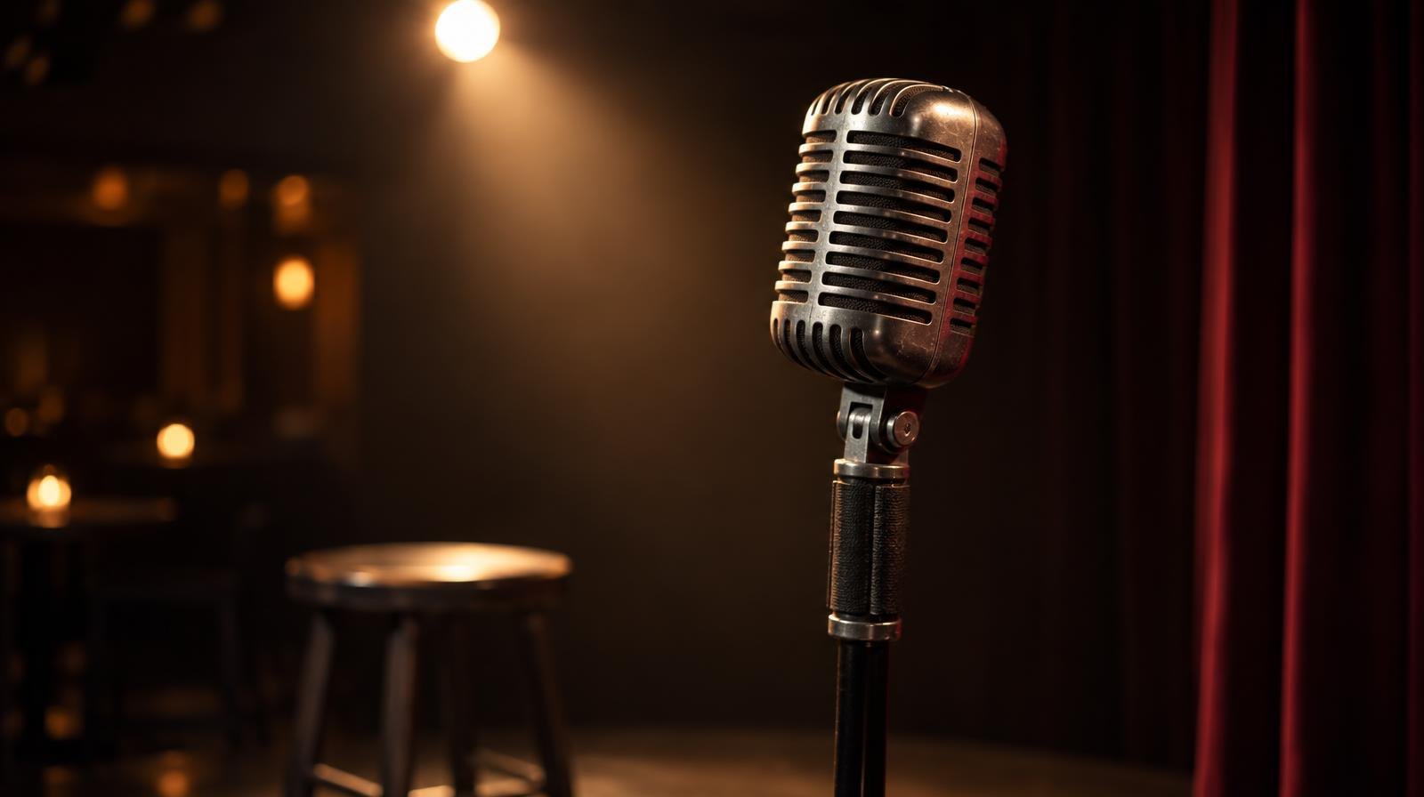 A vintage stand-up microphone on a bare stage under a warm spotlight.