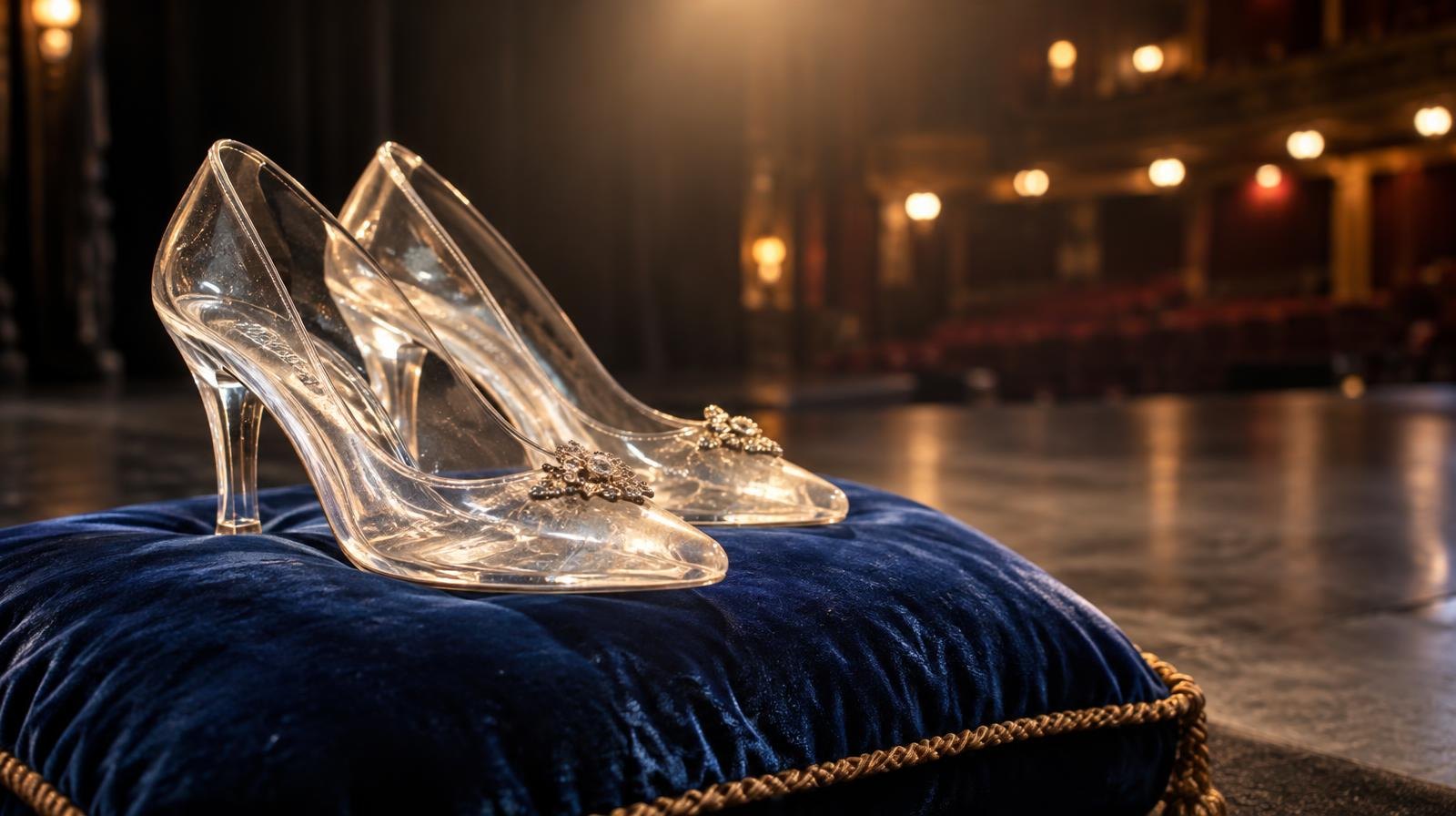 Sparkling glass slippers resting on a velvet cushion under a warm spotlight.