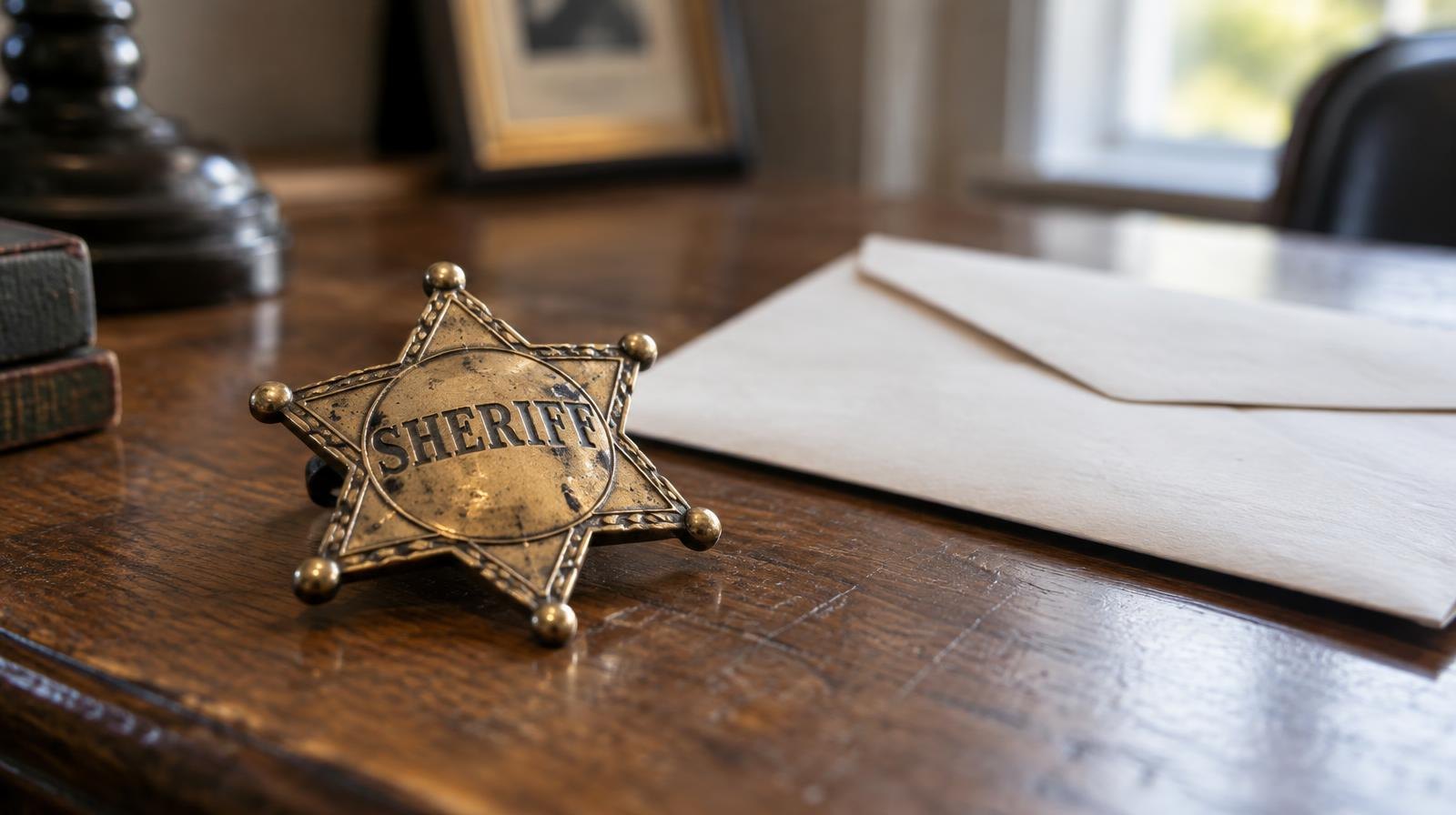 A metal sheriff's badge on a wooden desk next to a folded envelope.