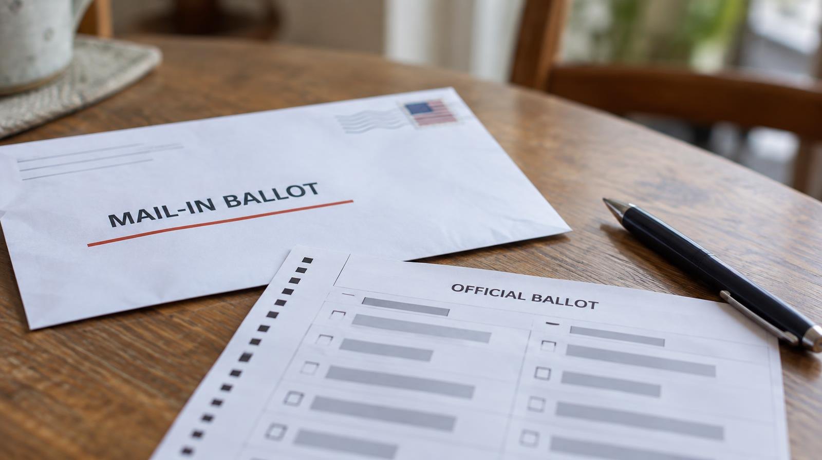Mail-in ballot envelope and paper ballot on a wooden table with a pen.