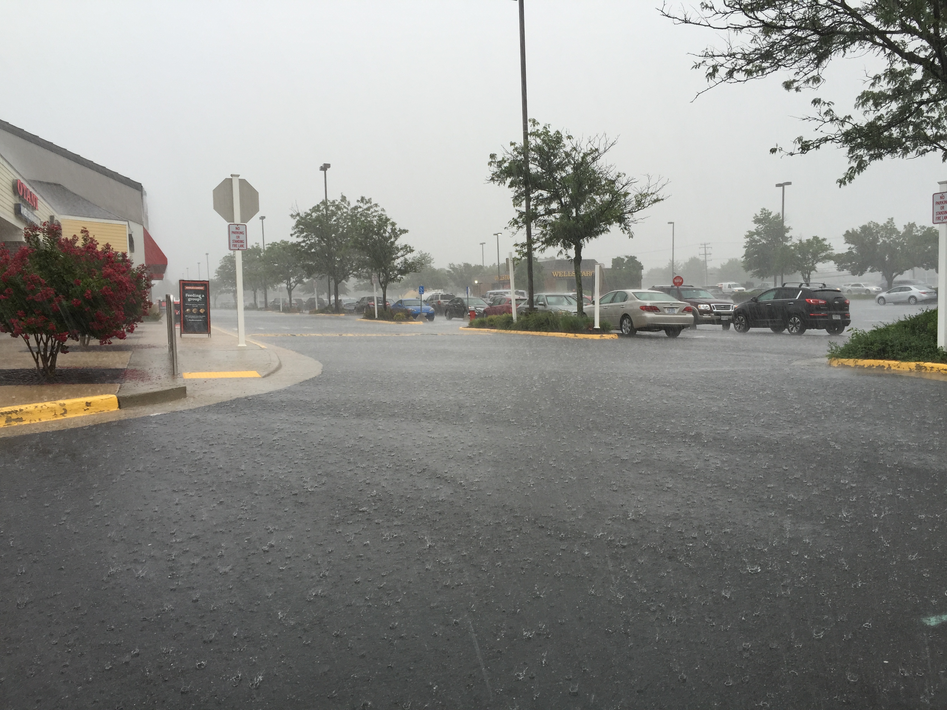 Heavy rain falls on a wet parking lot with standing water and parked cars visible in the background.