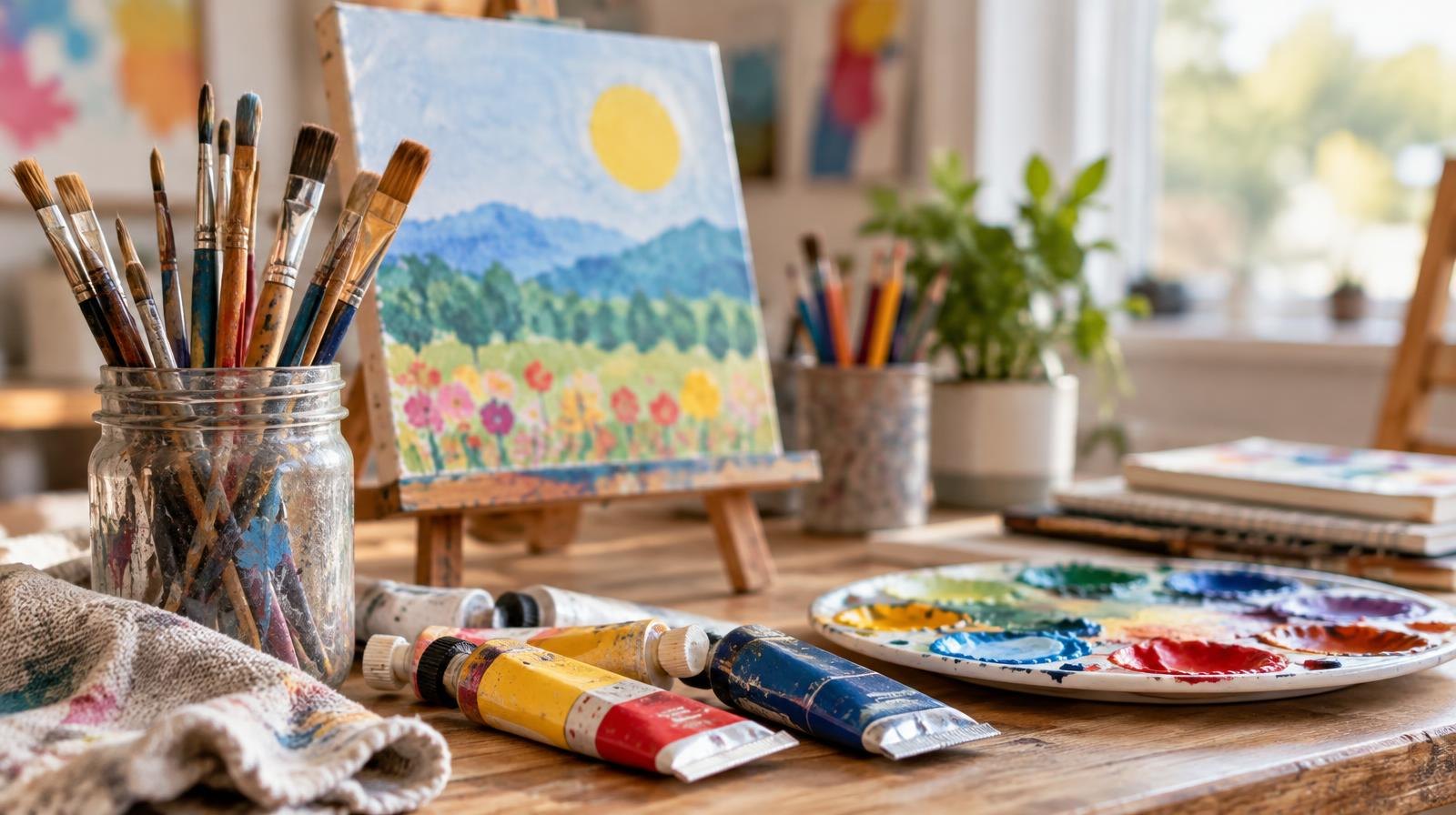Colorful paintbrushes, paint tubes, and a palette on a table.