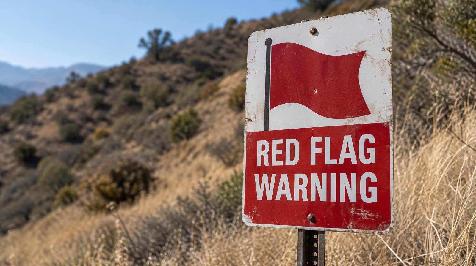 A red flag warning sign posted on a dry, sun-bleached hillside with brown grass.