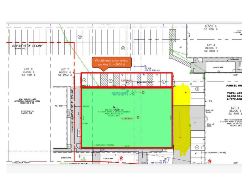 Site plan showing the proposed recovery center property and parking layout at 826 Mahler Road in Burlingame.