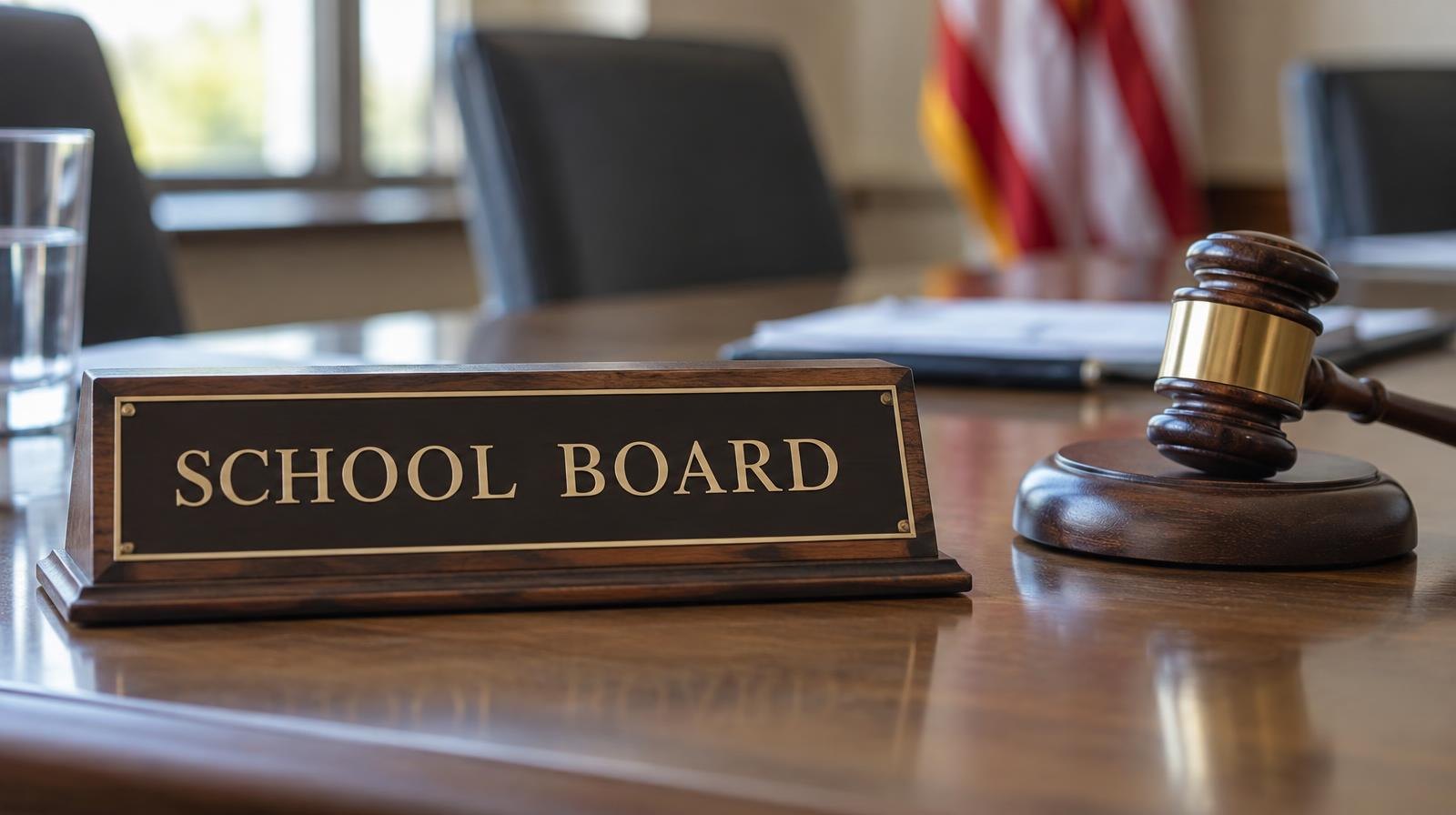 Wooden gavel and nameplate resting on a polished conference table.