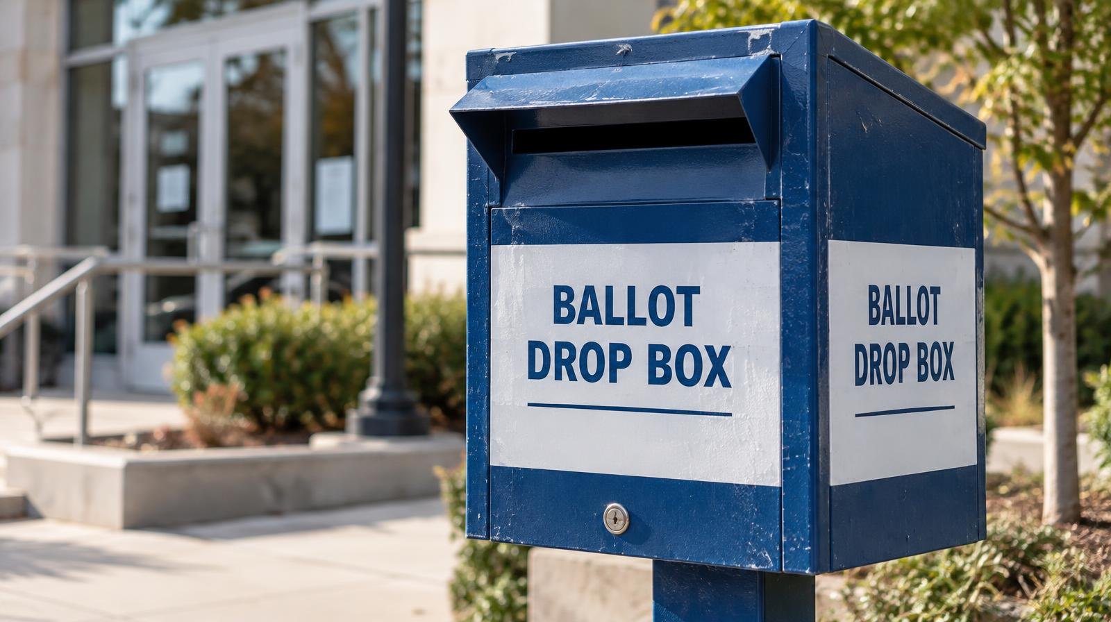 A blue and white metal ballot drop box mounted on a post outdoors.