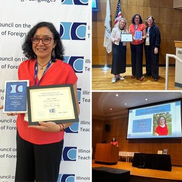 Woman in red top holds a framed certificate in front of an awards ceremony banner.