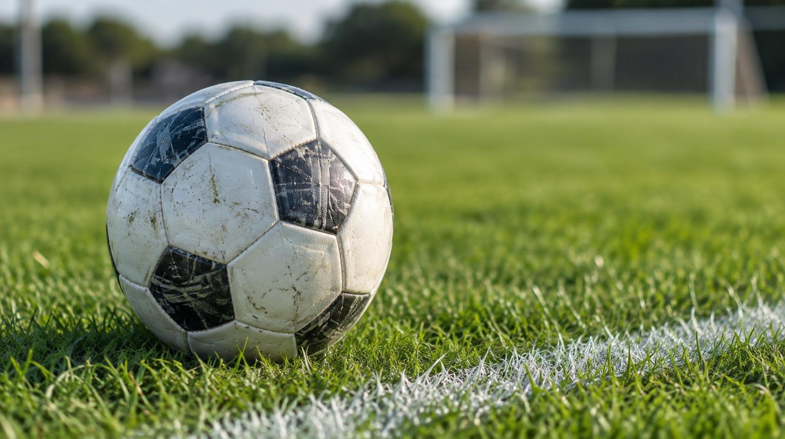 A white soccer ball on a green grass field near a painted white line.