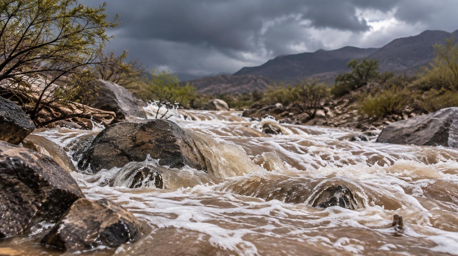Rushing floodwater fills a rocky desert wash under dark storm clouds.