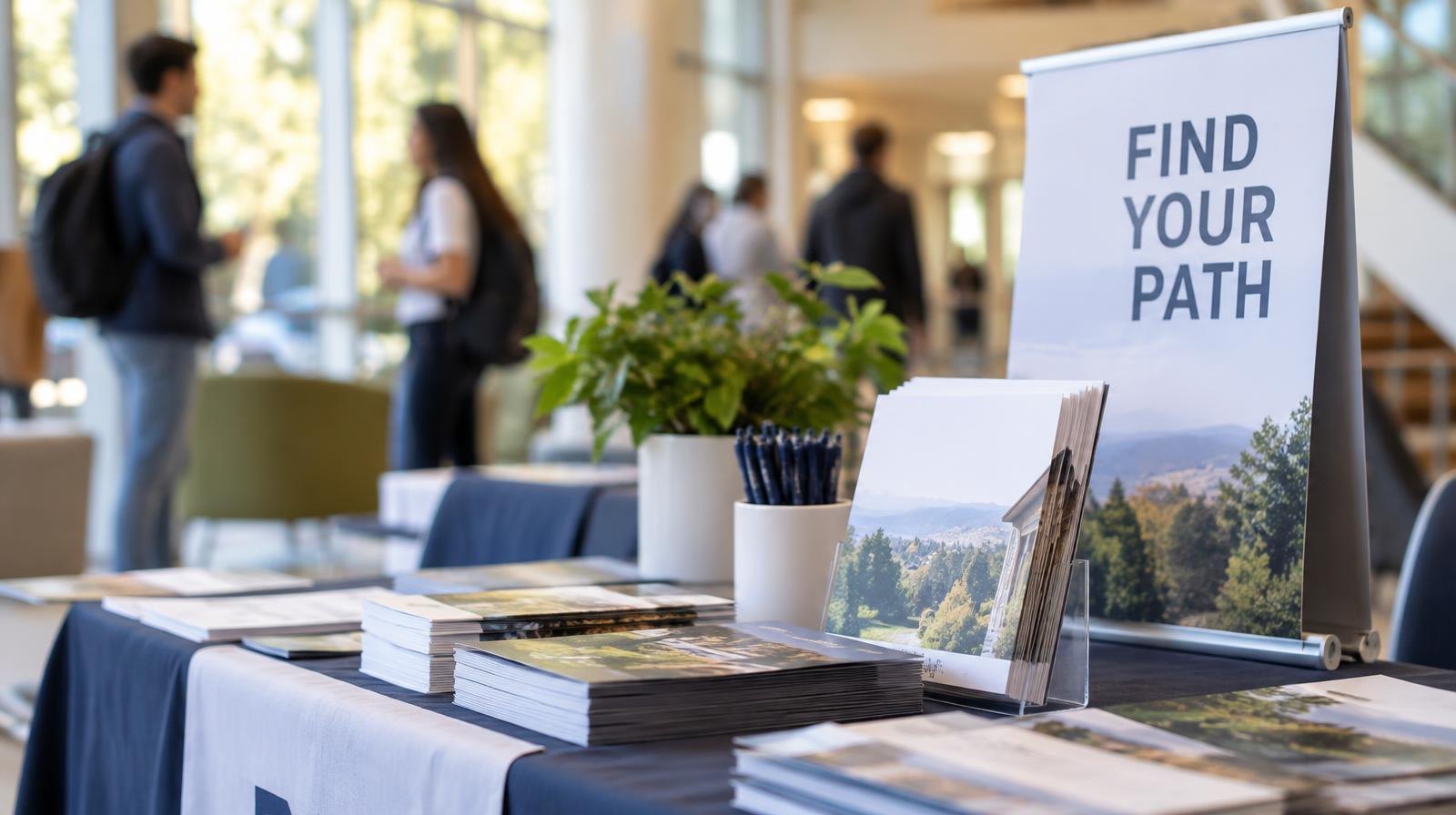 Information table with brochures and program guides in a bright campus building lobby.