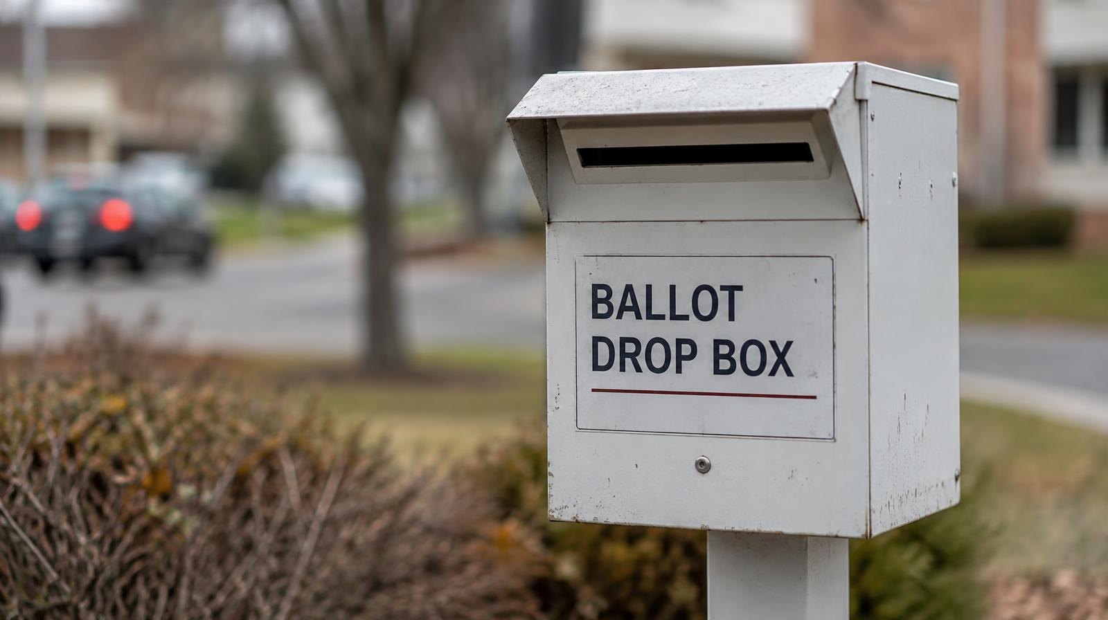 A gray ballot drop box mounted on a post outdoors with a mail slot opening.