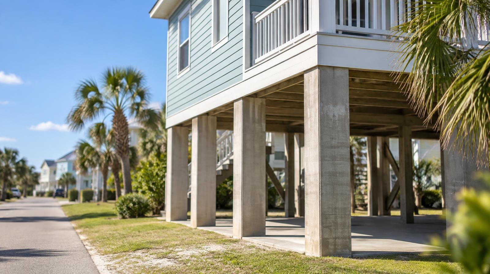 A house raised high on concrete pilings above a coastal street.