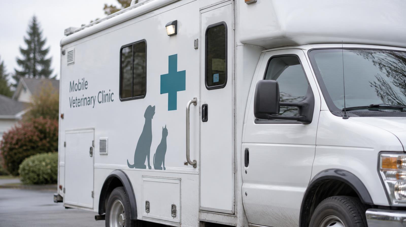 A white mobile veterinary clinic truck with a medical cross symbol parked outside.