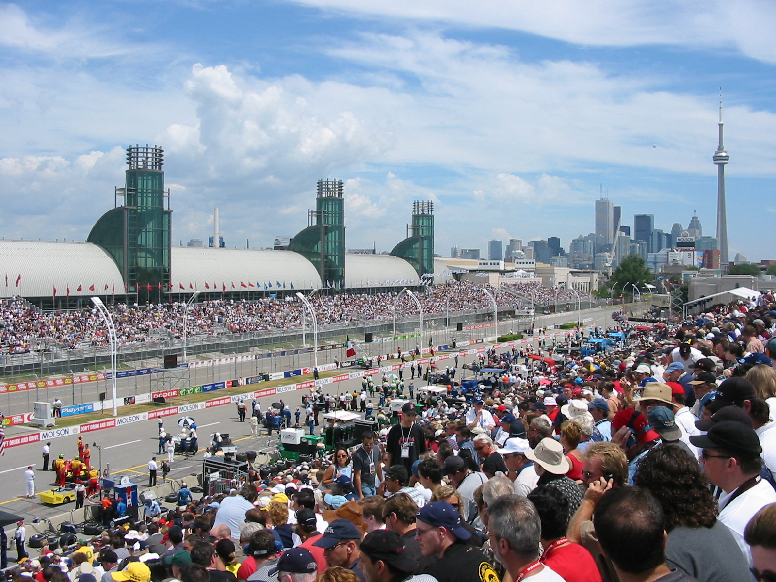 Open-wheel race cars lined up on a starting grid with packed grandstands.