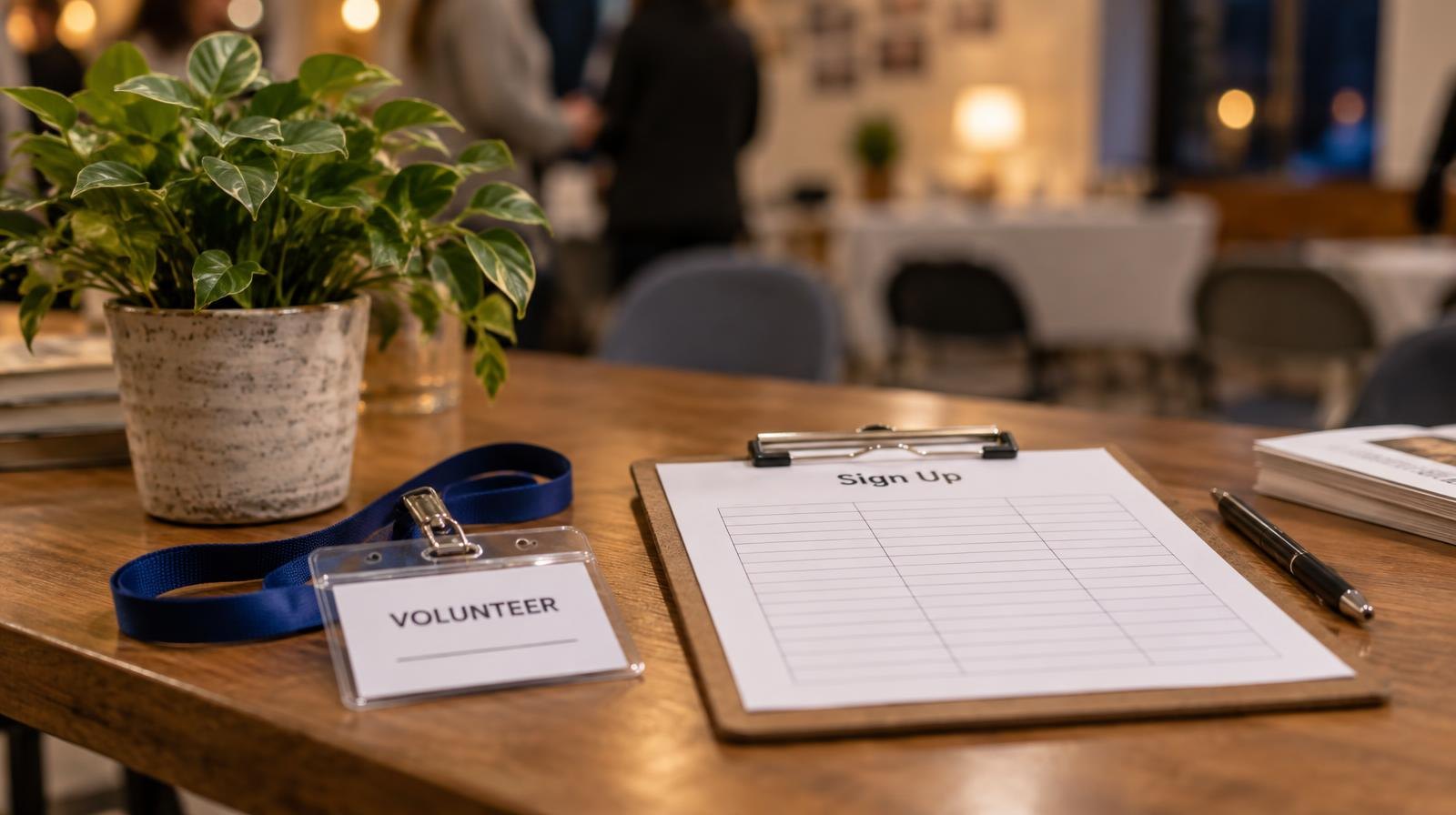 Clipboard, name badge lanyard, and small plant on a wooden table.