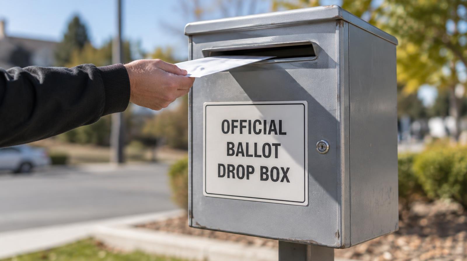 A gray metal ballot drop box on a post with an envelope slot.