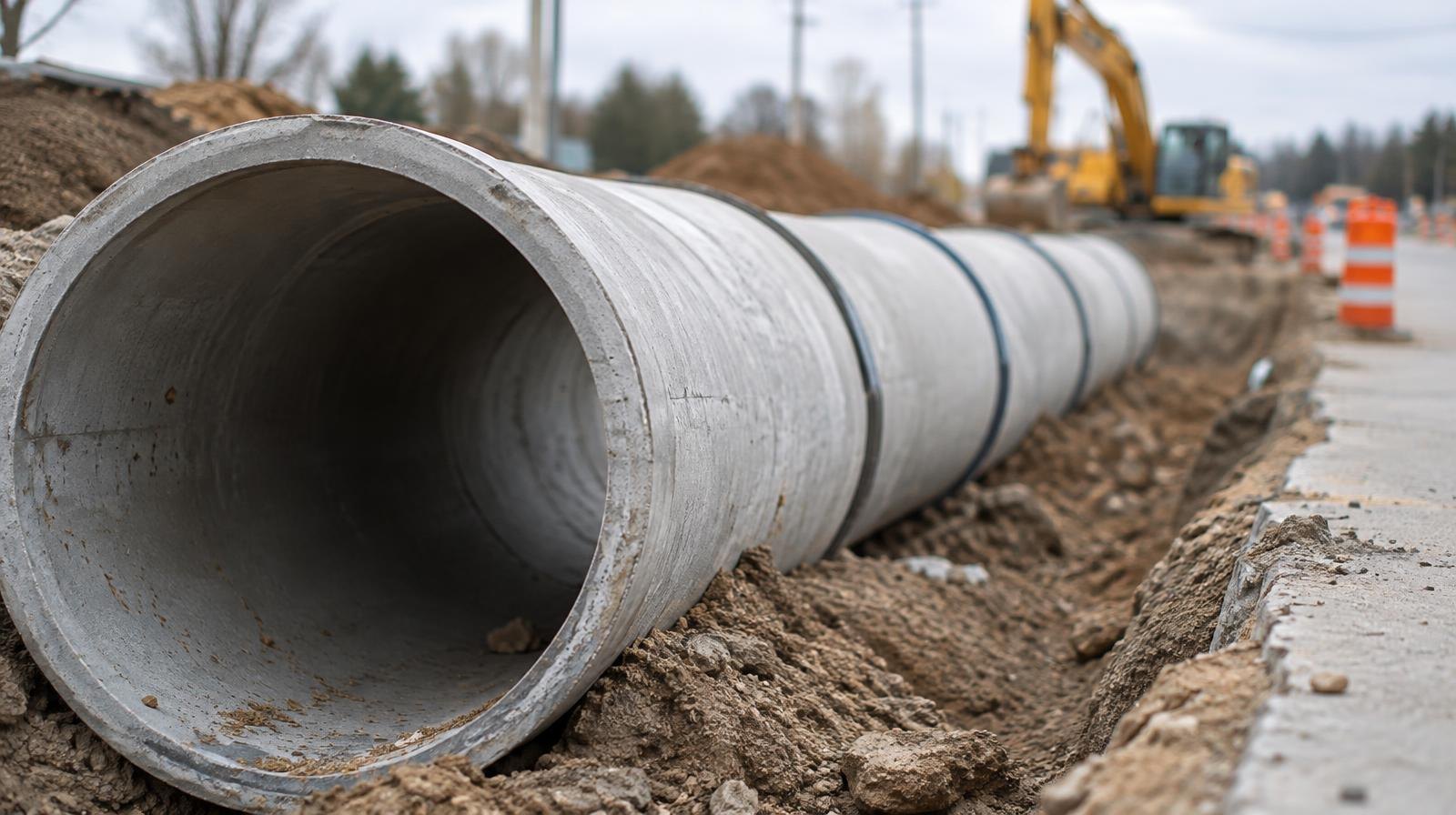 Large concrete sewer pipe sections laid in an open trench beside a road.