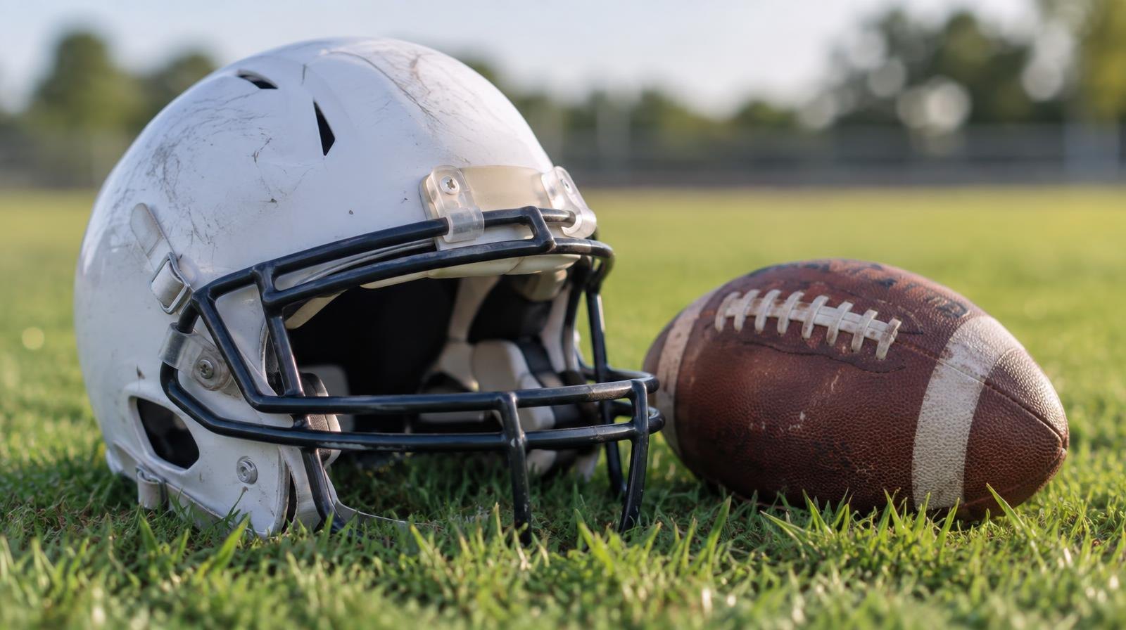 A youth football helmet and football resting on green grass in natural daylight.