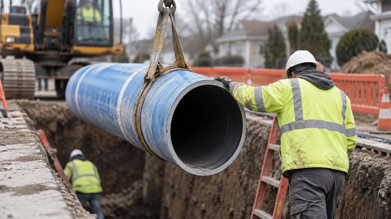 Large pipe being lowered into an open trench beside orange safety barriers on a street.