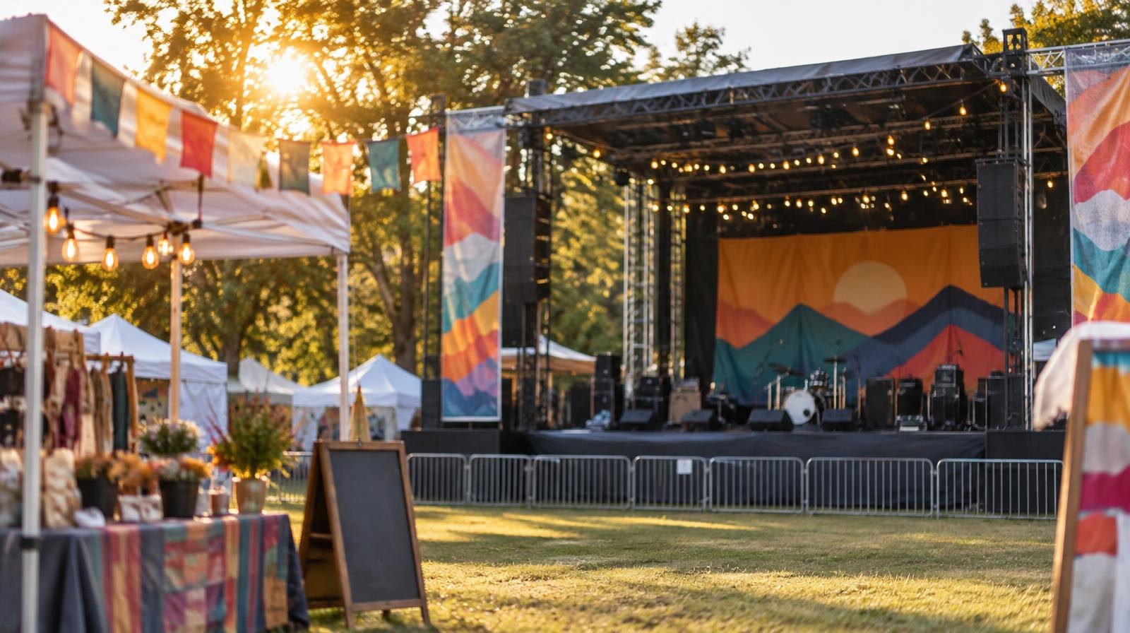 Empty outdoor festival stage with string lights and colorful vendor tents in a park.