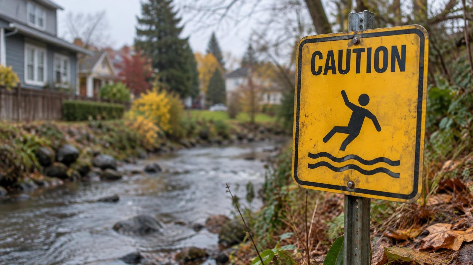 A small creek flows through a neighborhood with a yellow warning sign on the bank.