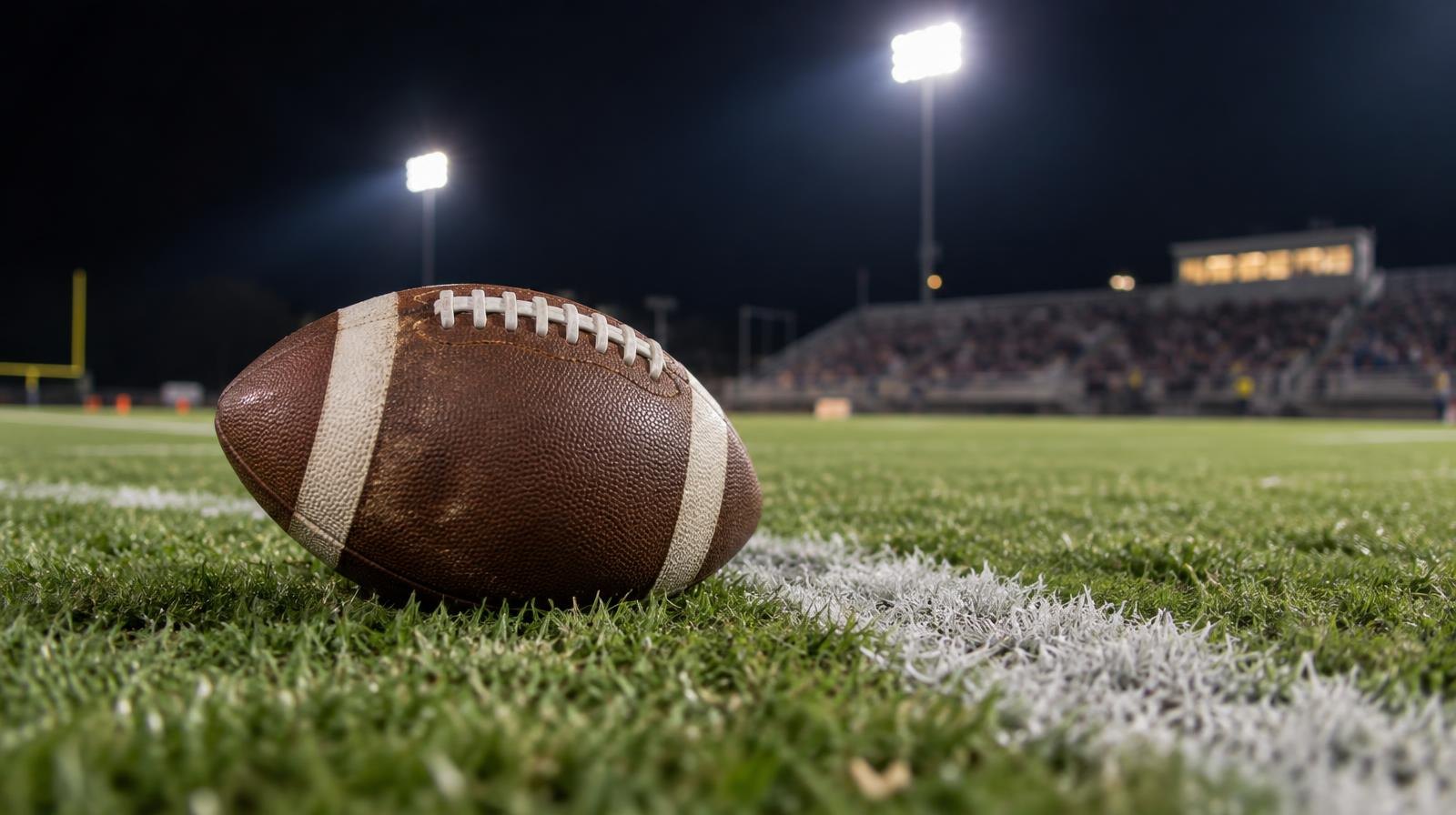 An American football on green grass near a white yard line under bright stadium lights at night.