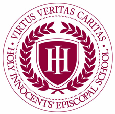 Circular maroon-and-white school seal with a central shield and Latin motto.