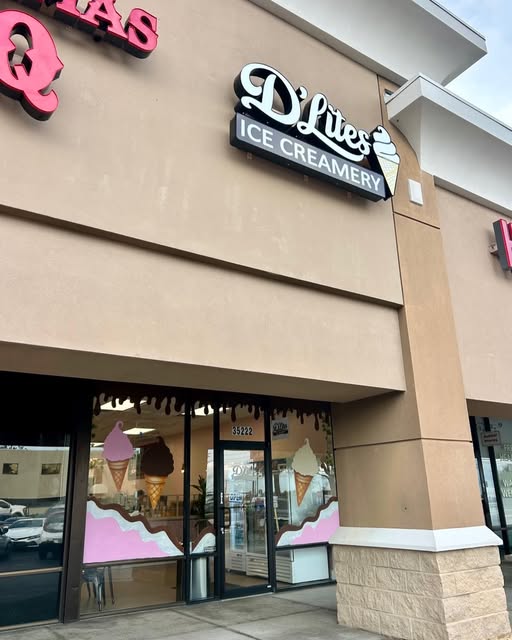D’Lites Ice Creamery storefront with its sign and ice cream window graphics in Palm Harbor.