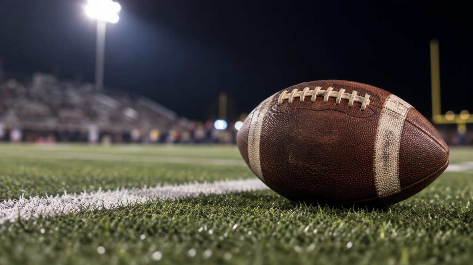 An American football on green artificial turf beside a white yard line under bright stadium lights.
