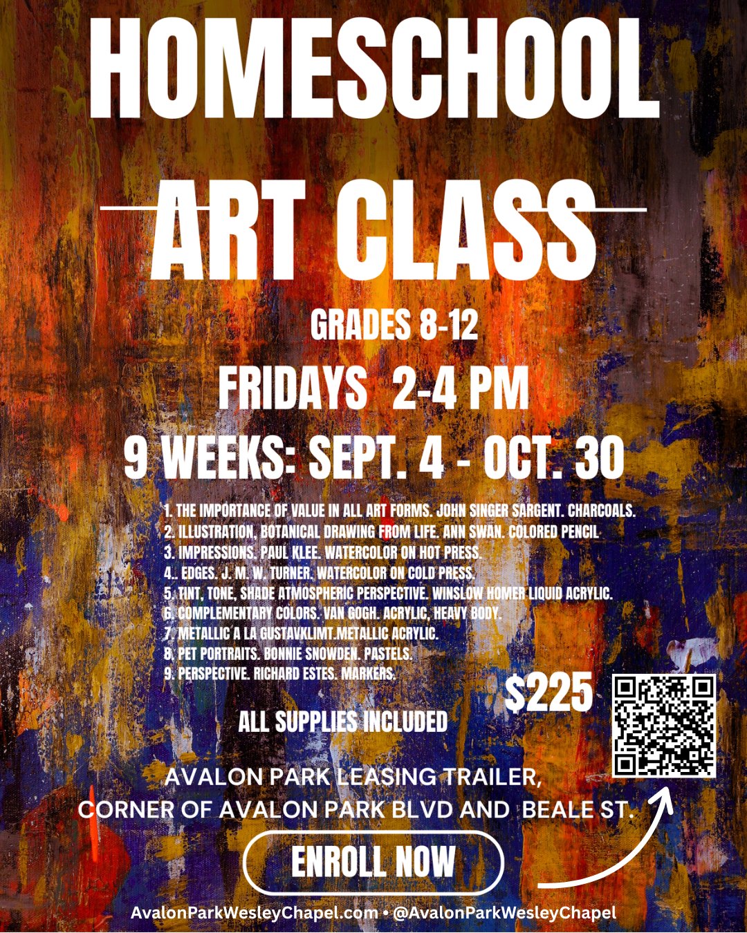 Promotional flyer for a homeschool art class on a colorful painted background.