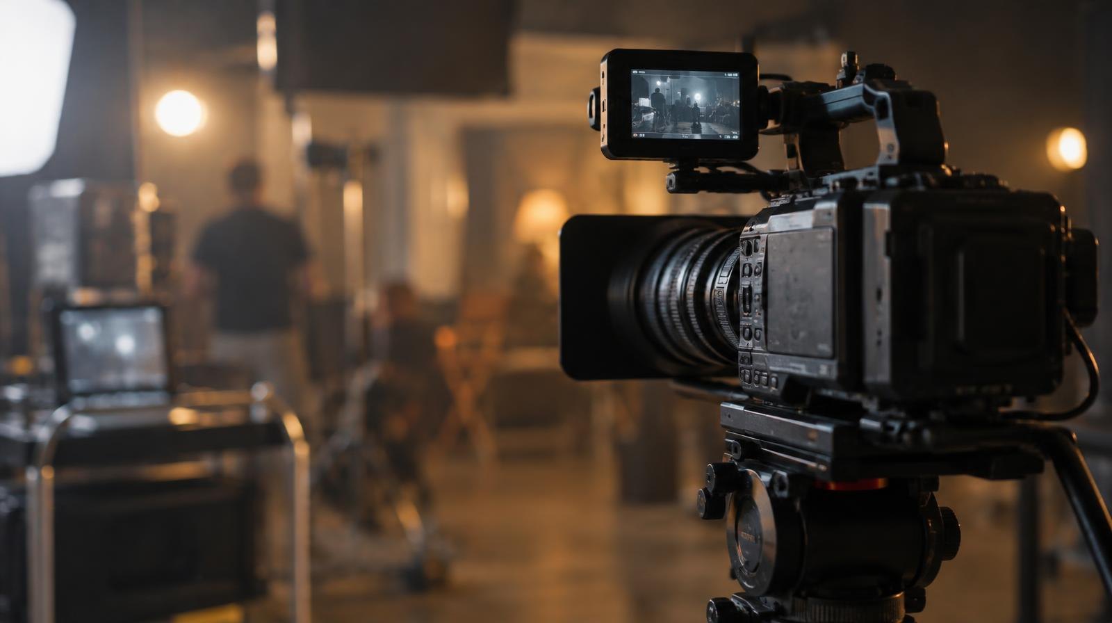 A professional video camera on a tripod with soft studio lighting in the background.