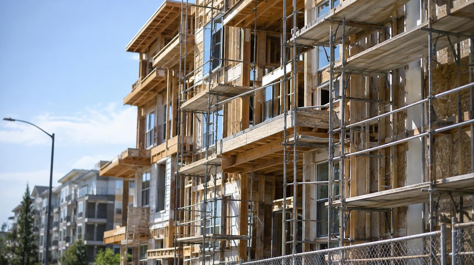 Apartment building under construction with scaffolding along its exterior.
