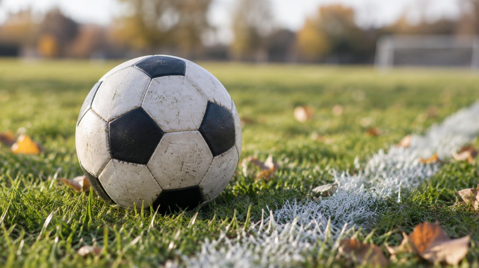 A black-and-white soccer ball on a green grass field near a white sideline.