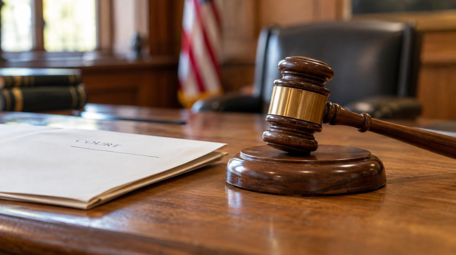 Wooden gavel on its sound block next to a folded document on a desk.