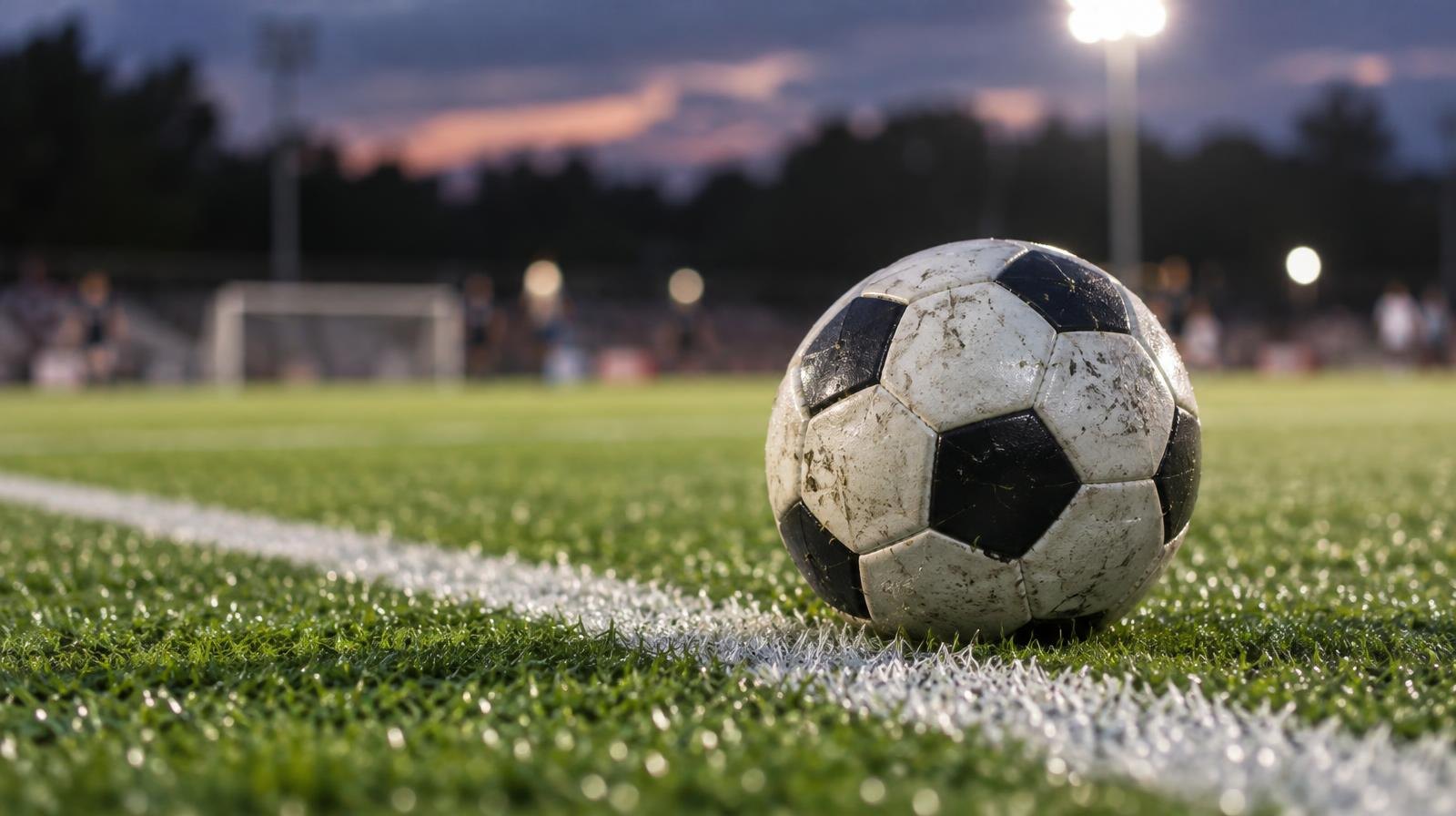 A black soccer ball resting on bright green artificial turf beside a white boundary line.